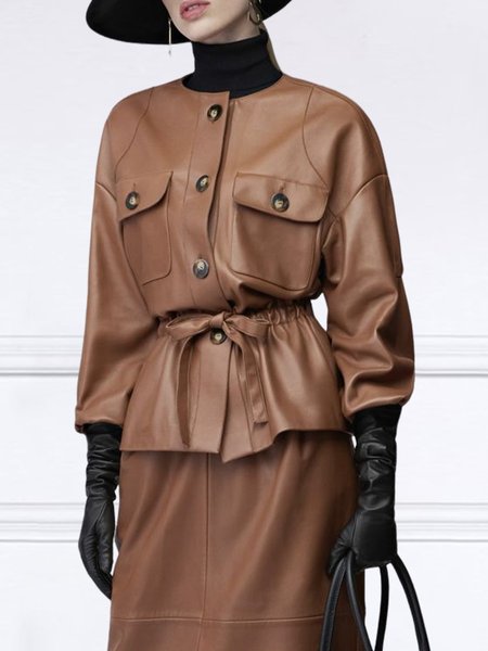 

Pu Loose Crew Neck Urban Leather Top, Brown, Tops