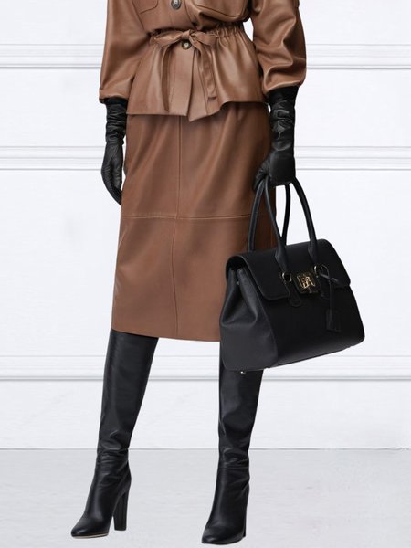 

Pu Regular Fit Plain Urban Leather Skirt, Brown, Skirts