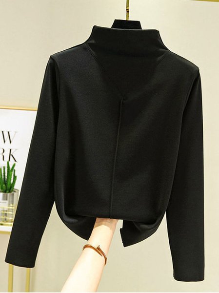 

Women Plain Half Turtleneck Casual Long Sleeve T-shirt, Black, Long Sleeves