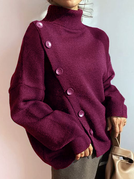 

Loose High Elasticity Casual Turtleneck Long Sleeve Plain Sweater, As picture, Pullovers