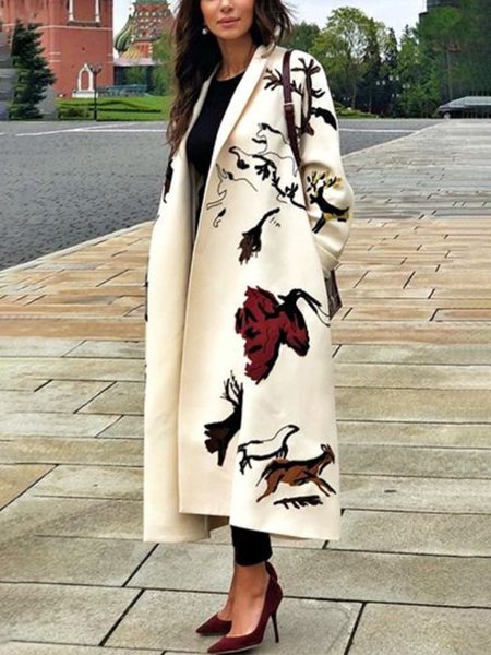

Loose Animal Urban Shawl Collar Long Sleeve Coat, White, Coats