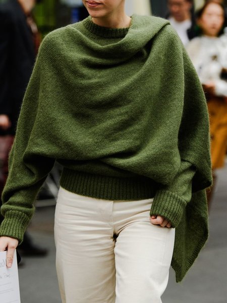 

Long Sleeve Crew Neck Urban Plain Sweater, Green, Pullovers