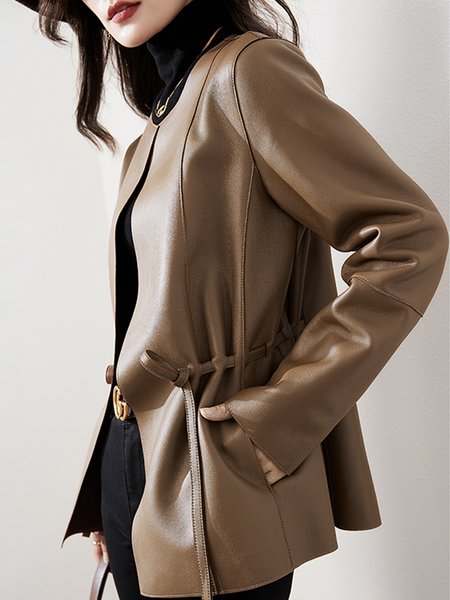 Long Sleeve Regular Fit Urban Leather Coat, Brown, Jackets