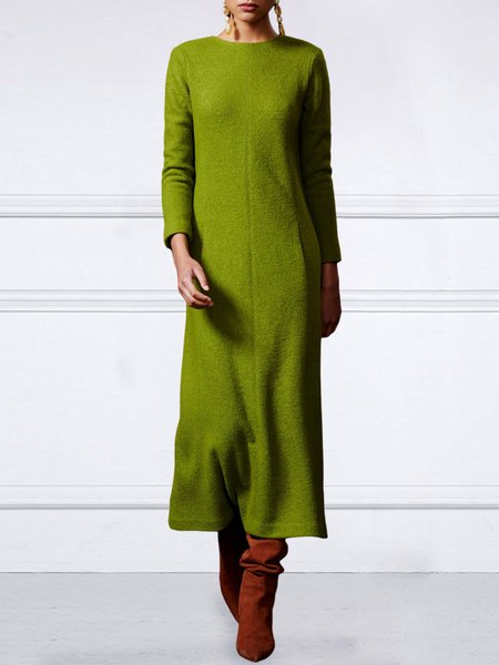 Plain Simple Elegant Crew Neck Long Sleeve Dress, Green, Maxi Dresses