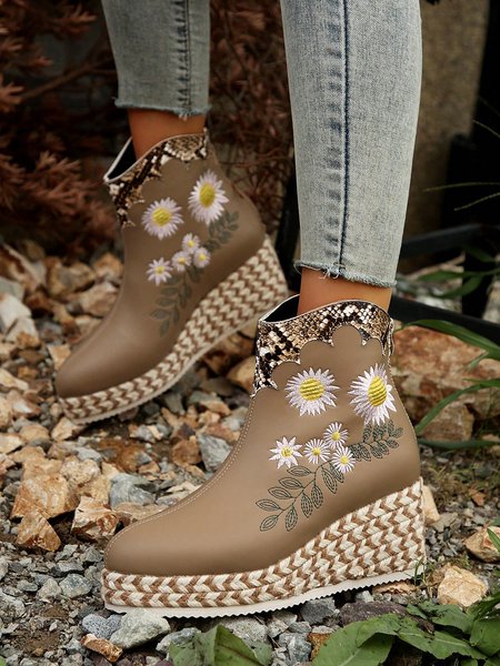 

Floral Embroidered Snakeskin Espadrille Wedge Heel Platform Boots, Khaki, Boots