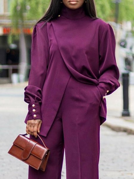 

Urban Stand Collar Plain Long Sleeve Split Shirt, Purple, Blouses and Shirts