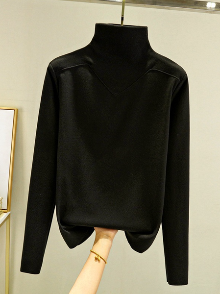 

Women Plain Half Turtleneck Casual Long Sleeve T-shirt, Black, Long Sleeves