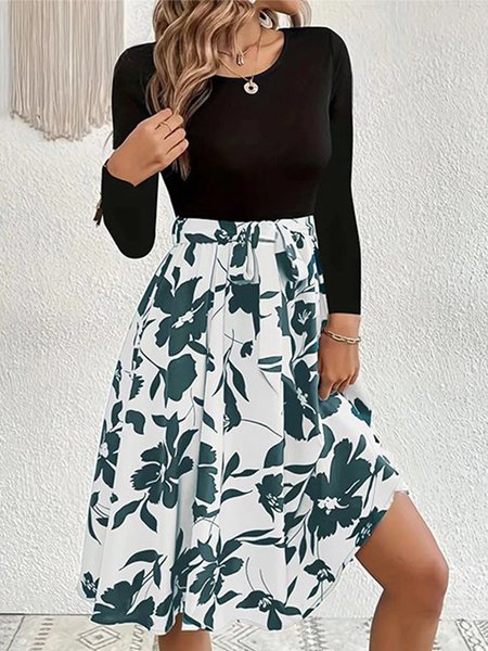 

Floral Crew Neck Casual Regular Fit Dress, Green, Dresses
