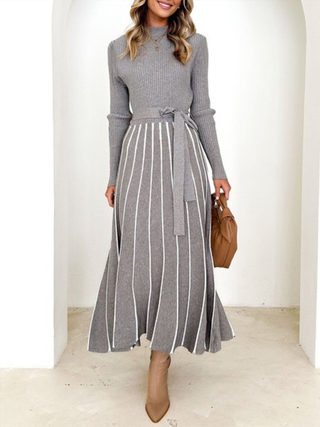 

Color Block Regular Fit Elegant Sweater Dress With Belt, Gray, Maxi Dresses