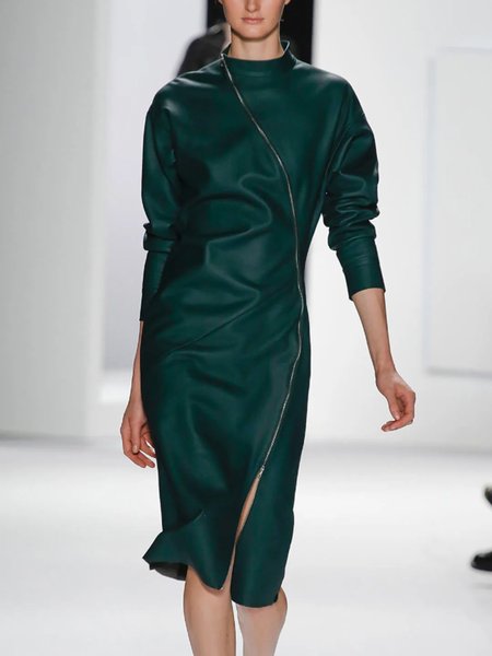 

Stand Collar Plain Urban Zipper PU Dress, Green, Midi Dresses
