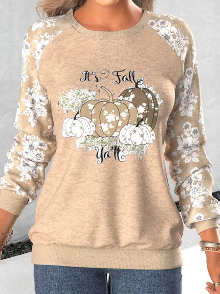 

Pumpkin Pattern Casual Crew Neck Sweatshirt, Khaki, Sweatshirts & Hoodies