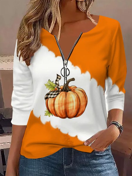 

Notched Halloween Casual T-Shirt, Orange, Long sleeves