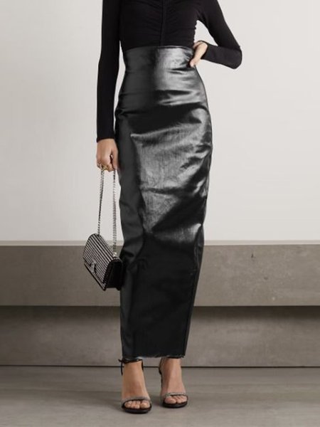 

Urban Plain Regular Fit Leather Maxi Skirt, Black, Skirts