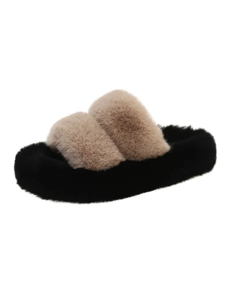 Casual Color Block Double Strap Fluffy Slippers