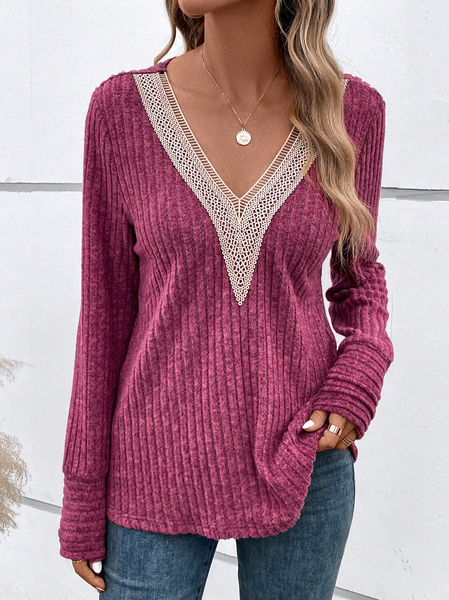 

Plain V Neck Casual Lace T-Shirt, Purple, T-Shirts