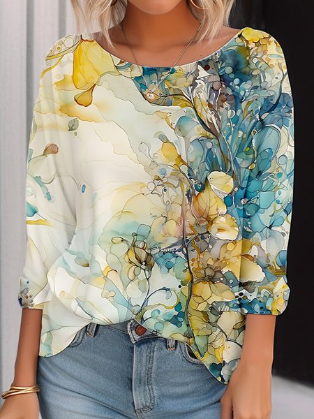 

Crew Neck Casual Ombre Loose T-Shirt, Yellow, T-Shirts