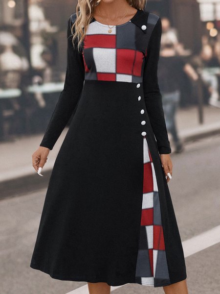 

Abstract Graphic Buttoned Casual Dress, Black, Dresses