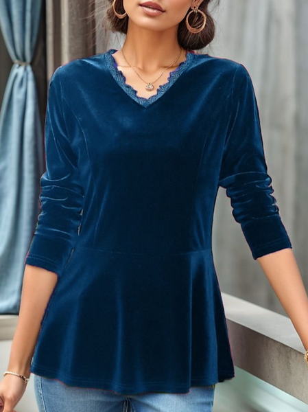 

Casual V Neck Plain Loose Lace T-Shirt, Dark blue, T-Shirts