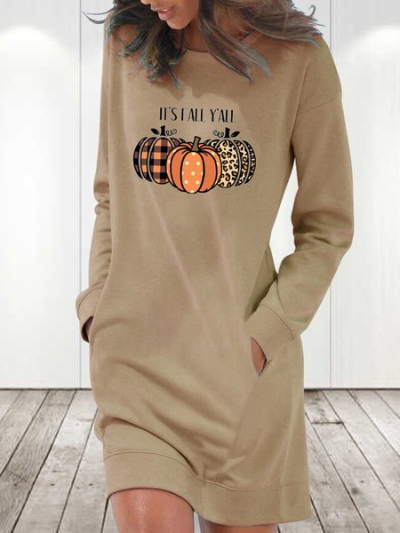 

Crew Neck Pumpkin Pattern Casual Loose Sweashirt Dress With No, Khaki, Dresses
