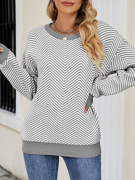 

Crew Neck Casual Color Block Loose Sweater, Gray, Sweaters