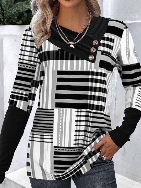 

Black And White Colorblock Casual Knitted Loose T-Shirt, T-Shirts