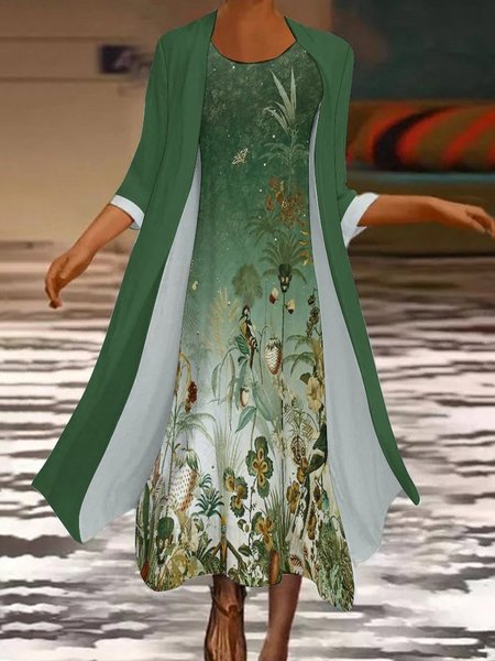 

Casual Crew Neck Abstract Two-Piece Set, Green, Suit Set