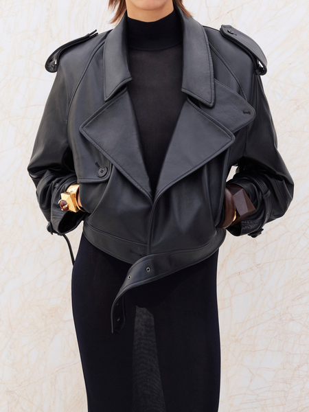 Plain Pu Shirt Collar Long Sleeve Urban Leather Coat, Black, Jackets