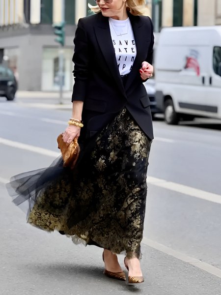 

Regular Fit Elegant Abstract Maxi Skirt, Black, Skirts