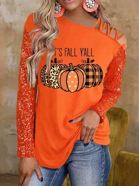 

Pumpkin Pattern One Shoulder Loose Casual T-Shirt, Orange red, T-Shirts
