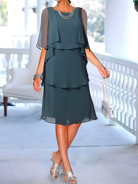 

Plain Crew Neck Elegant Chiffon Dress With No, Blue, Dresses