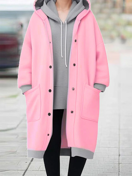 

Pocket Stitching Casual Hoodie Woolen Coat, Pink, Coats