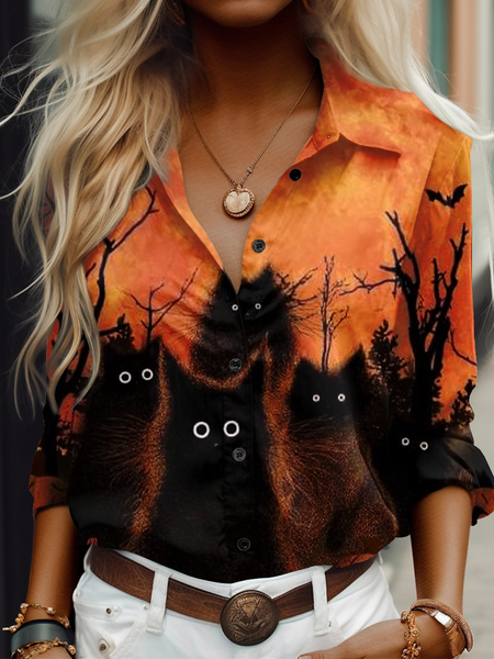 

Casual Halloween Buckle Shirt Collar Cat Blouse, Orange, Shirts & Blouses