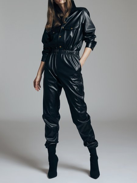 

Urban Stand Collar Leather Jumpsuit, Black, Jumpsuits