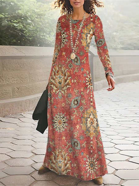 

Vintage Ethnic Crew Neck Dress, Red, Dresses