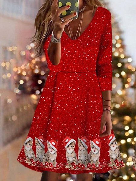 

Christmas Hat V Neck Casual Dress, Red, Dresses