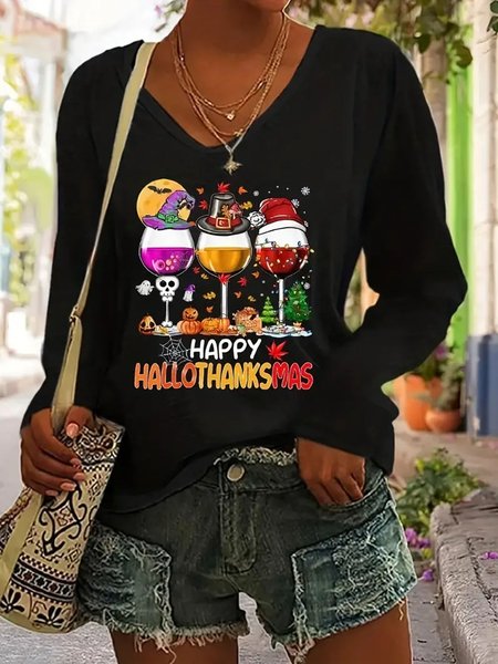

Casual Halloween Loose Jersey T-Shirt, Black, Long sleeves