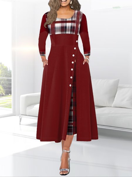 

Crew Neck Loose Casual Plaid Dress With No, Red, Dresses