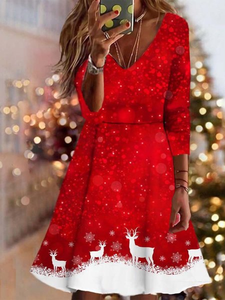 

Loose V Neck Casual Snowflake Dress, Red, Dresses
