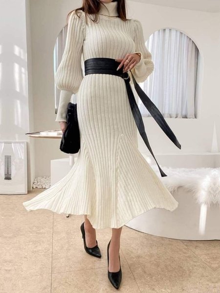 Turtleneck Plain Regular Fit Elegant Sweater Dress, Off white, Maxi Dresses