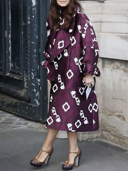 

Lapel Collar Geometric Urban Loose Coat, Purple, Coats