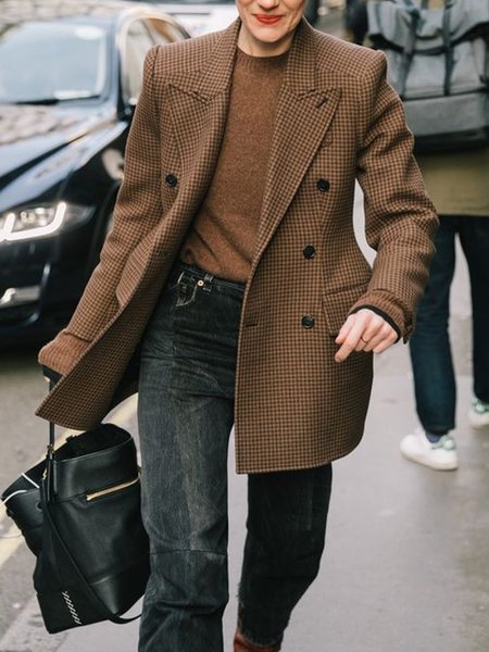 

Lapel Collar Plaid Urban Loose Blazer, Brown, Blazers