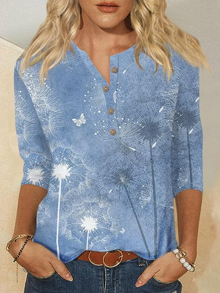 

Loose Crew Neck Casual Dandelion T-Shirt, Blue, T-Shirts