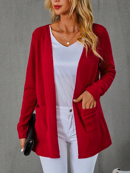 

Cross Neck Loose Casual Dual Pocket Open Front Kimono, Red, Cardigans