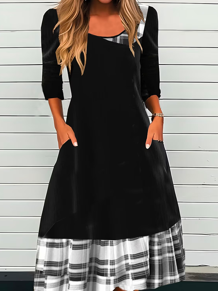 

Loose Christmas Crew Neck Casual Plaid Dress With No, Black, Dresses