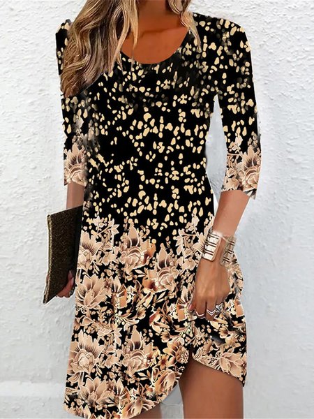 

Casual Loose Crew Neck Floral Dress, Brown, Dresses