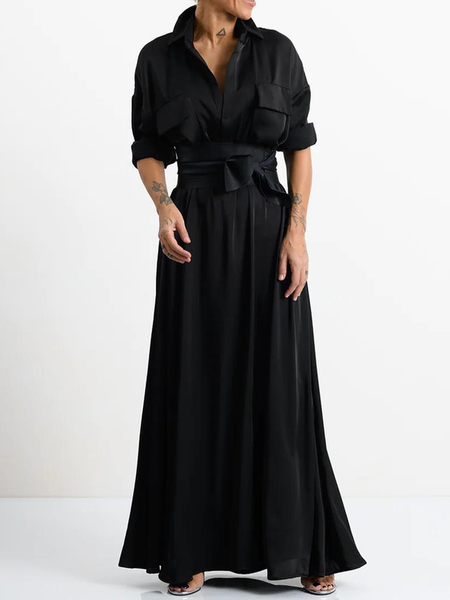 

Loose Shirt Collar Long Sleeve Plain Elegant Dress Shirt Dress With Belt, Black, Maxi Dresses