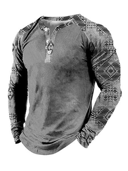 

Ethnic Geometric Retro Henley Neck T-Shirt, Gray, Long Sleeves