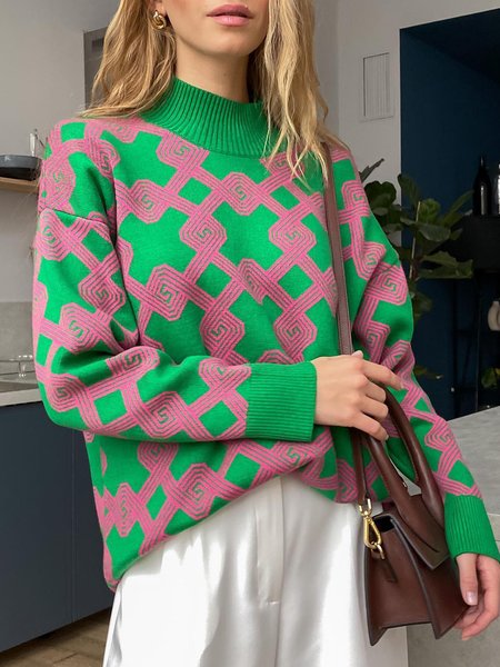 

Geometric Stand Collar Urban Loose Sweater, Green, Pullovers