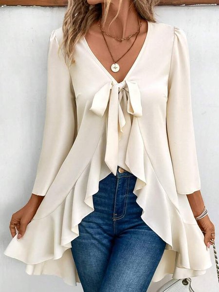 

Elegant Flouncing V Neck Shirt, Apricot, Shirts & Blouses