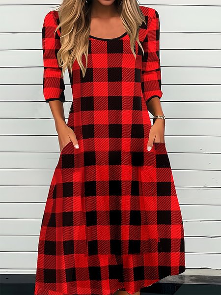 

Crew Neck Plaid Casual Dress, Red, Dresses